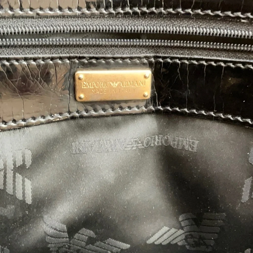 🏆HP🏆 𝅺Authentic EMPORIO ARMANI Crackled Black Patent Bowling Bag w Chains
